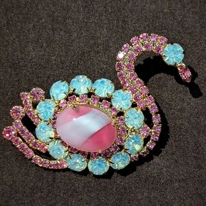 Elegant Pink and Blue Swan Brooch